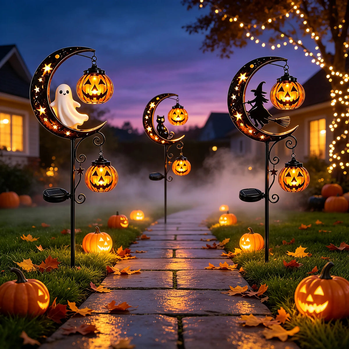 30" Halloween Garden Solar Stake Lights Black Cat & Pumpkin Moon🎃🎃