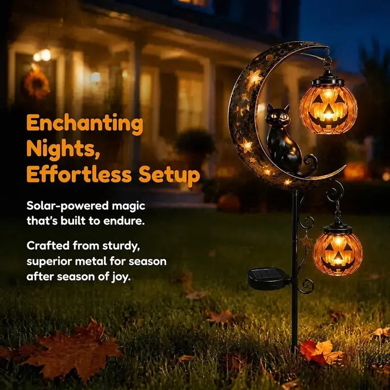 30" Halloween Garden Solar Stake Lights Black Cat & Pumpkin Moon🎃🎃