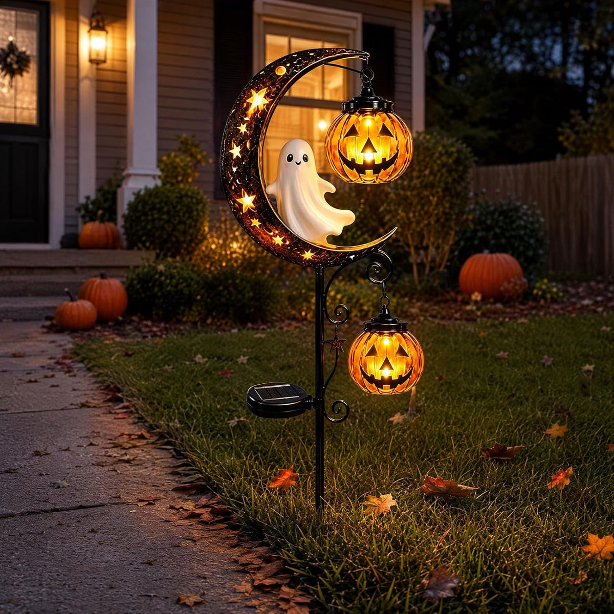 30" Halloween Garden Solar Stake Lights Black Cat & Pumpkin Moon🎃🎃
