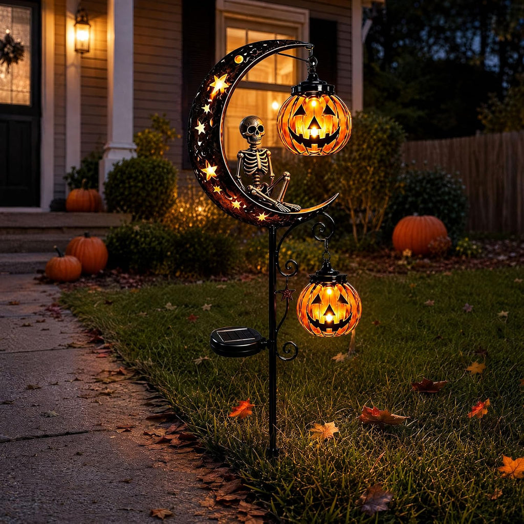 30" Halloween Garden Solar Stake Lights Black Cat & Pumpkin Moon🎃🎃