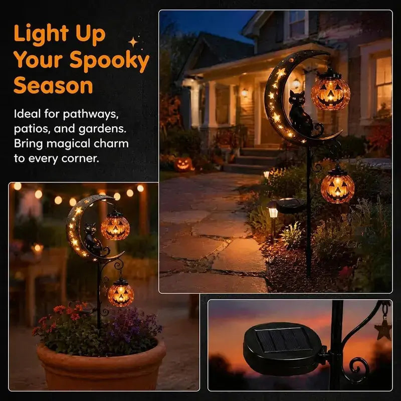30" Halloween Garden Solar Stake Lights Black Cat & Pumpkin Moon🎃🎃