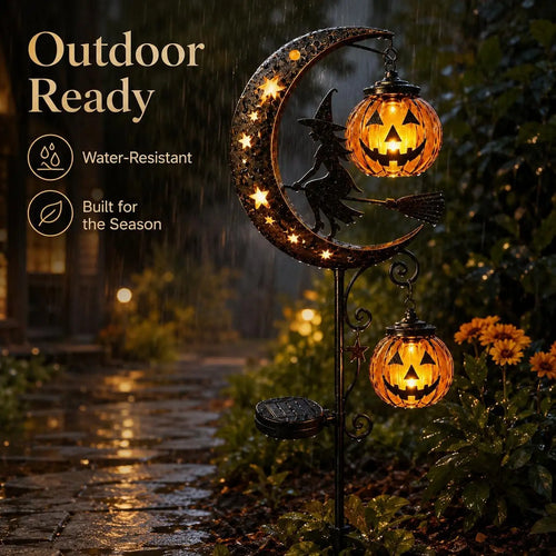 30" Halloween Garden Solar Stake Lights Black Cat & Pumpkin Moon🎃🎃
