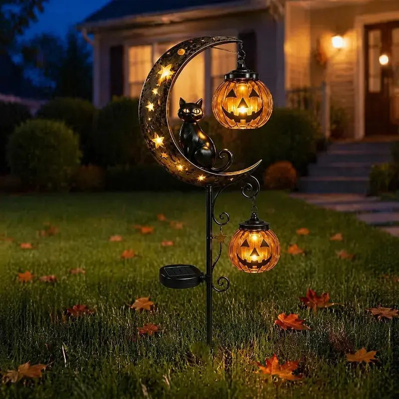 30" Halloween Garden Solar Stake Lights Black Cat & Pumpkin Moon🎃🎃